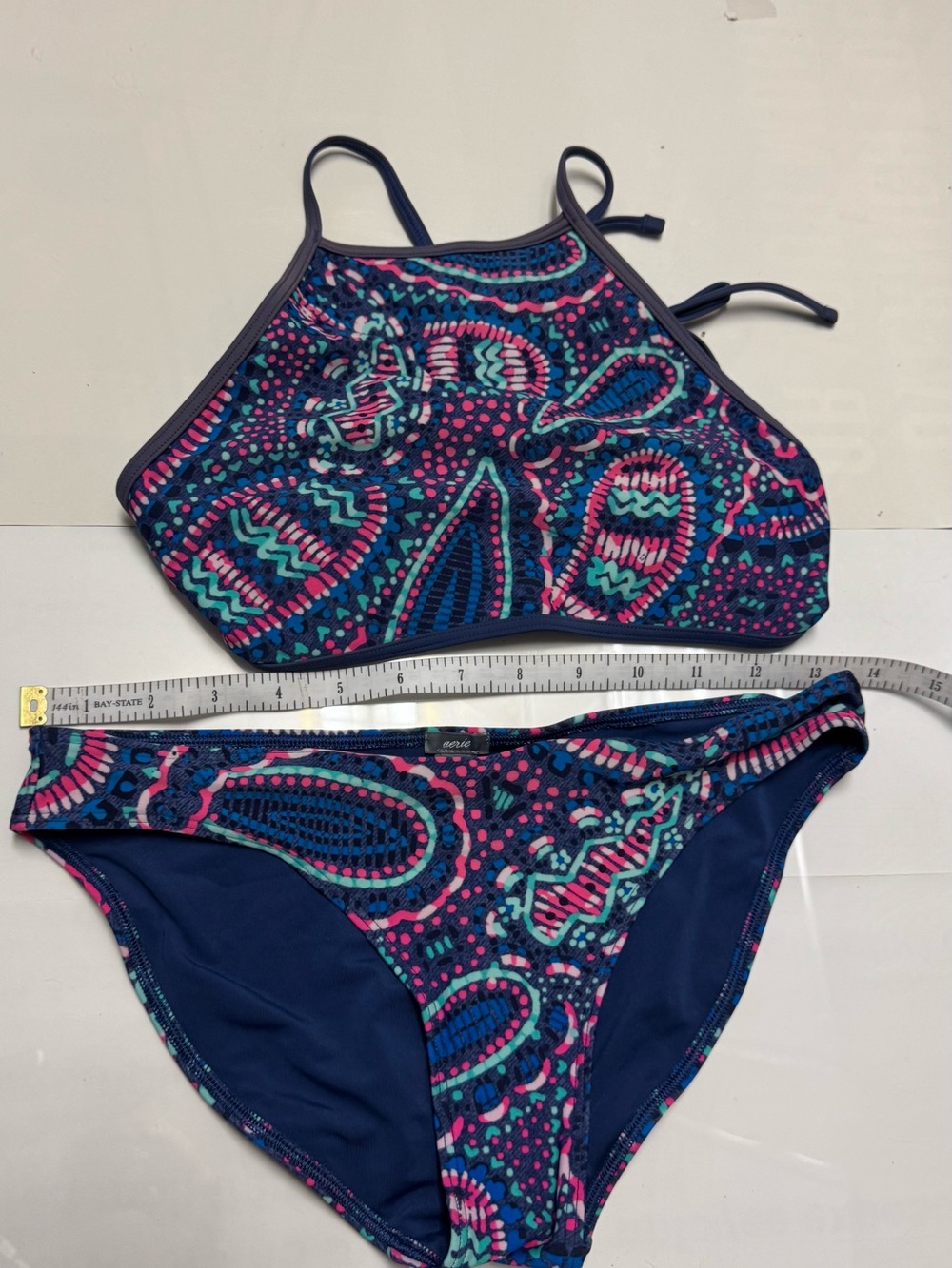 aerie Navy High-Neck Bikini Summer Swim Suit with pretty Paisley’s size small